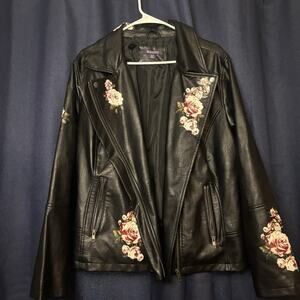 Roaman's Black Floral Moto Biker Jacket 22W Zip Front Lined Zipped Pockets